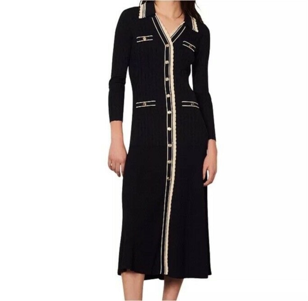 Sandro NWT $430 Sz M Alexandrine Dress Midi Blue Marine Gold Button Down